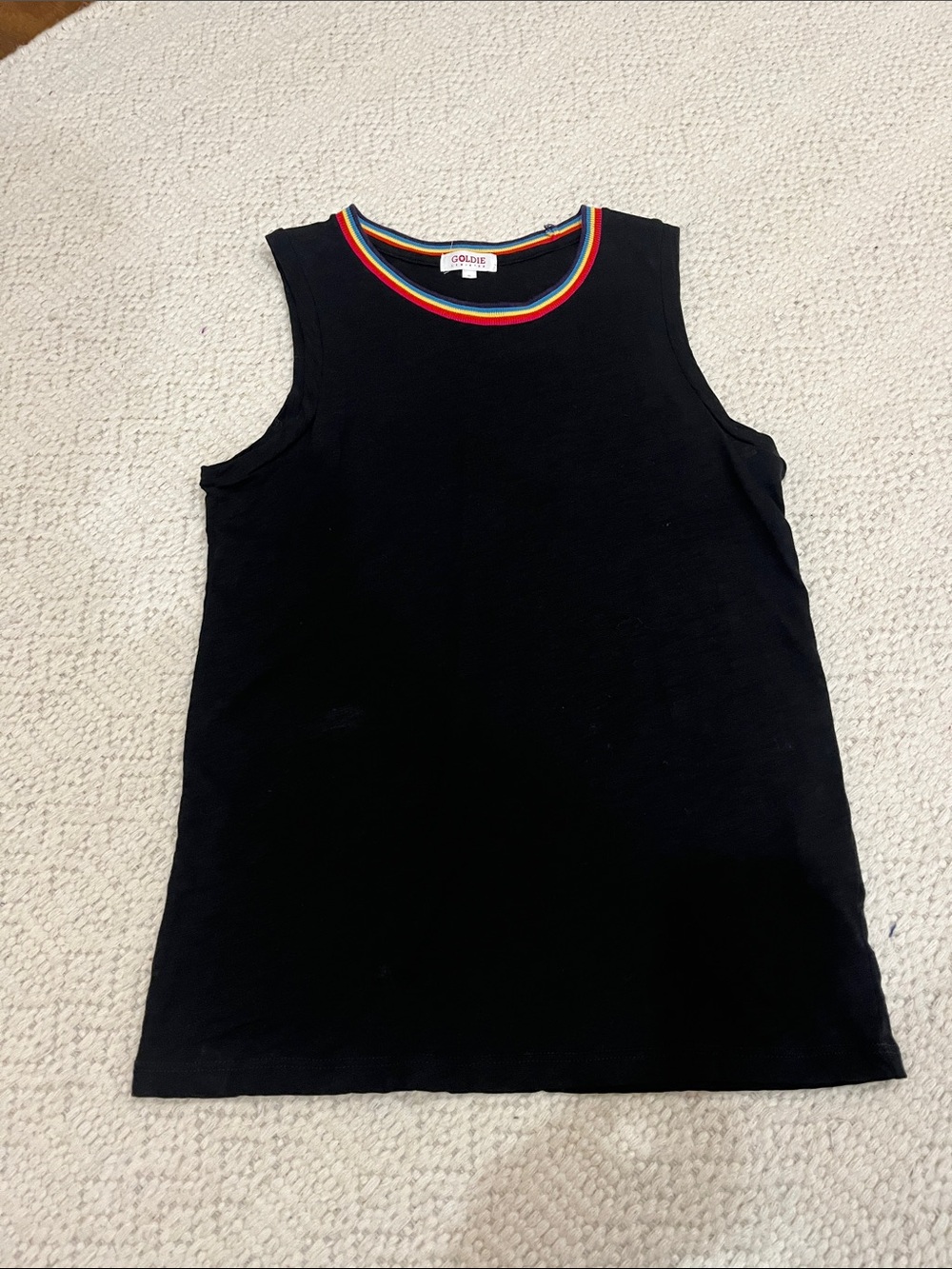Goldie Black Tank with Rainbow Ribbed Neckline